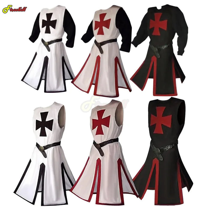 Plus Size Men Medieval Cosplay Robes Templar Knight Crusader Surcoat Long Sleeve Short Sleeve Mens Tops Reenactment Costume