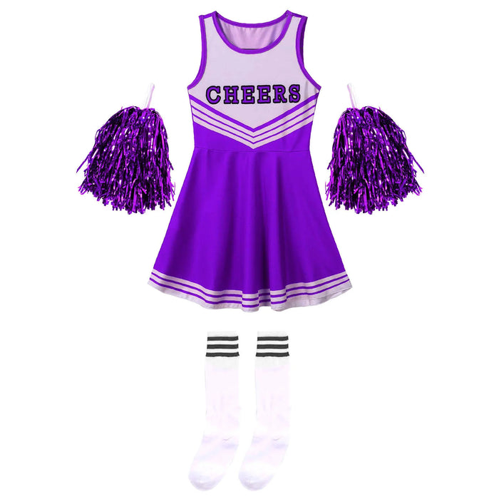 Girls Cheerleading Uniform Sleeveless Dance Costume Kids Cheerleader Outfit Round Neckline Letter Print Dress Flower and Socks