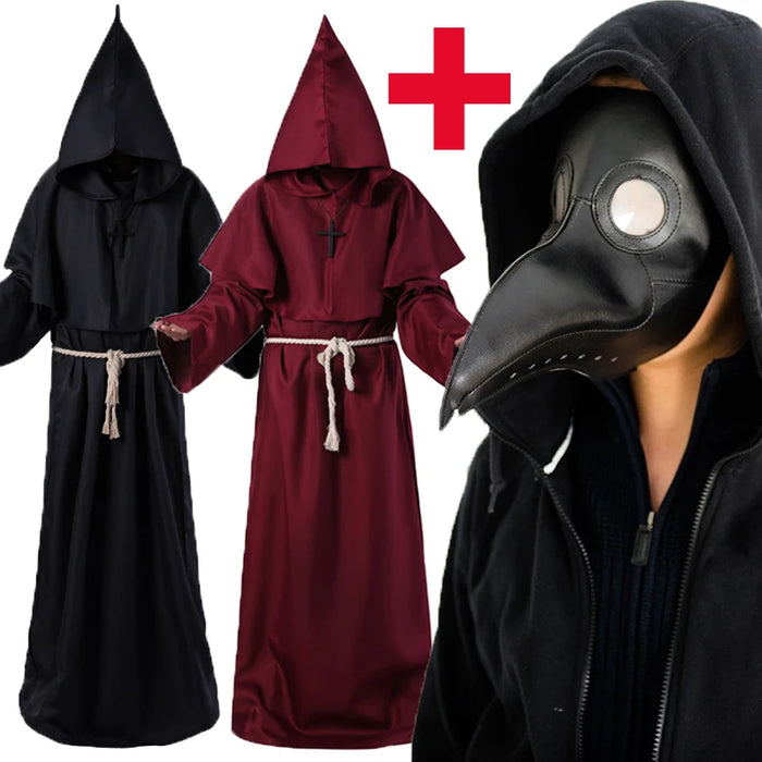 Halloween Cloak Plague Doctor Mask Cosplay Costume Sorcerer Long Shirt Hooded Black Robe Adult and Child Holiday Costume Set