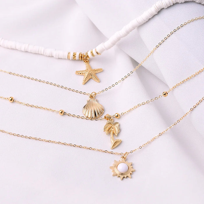 Fashion New Bohemia Soft Clay Shell Star Sun Pendant Chain Layered Necklace for Women Girls Summer Beach Simple Layered Necklace