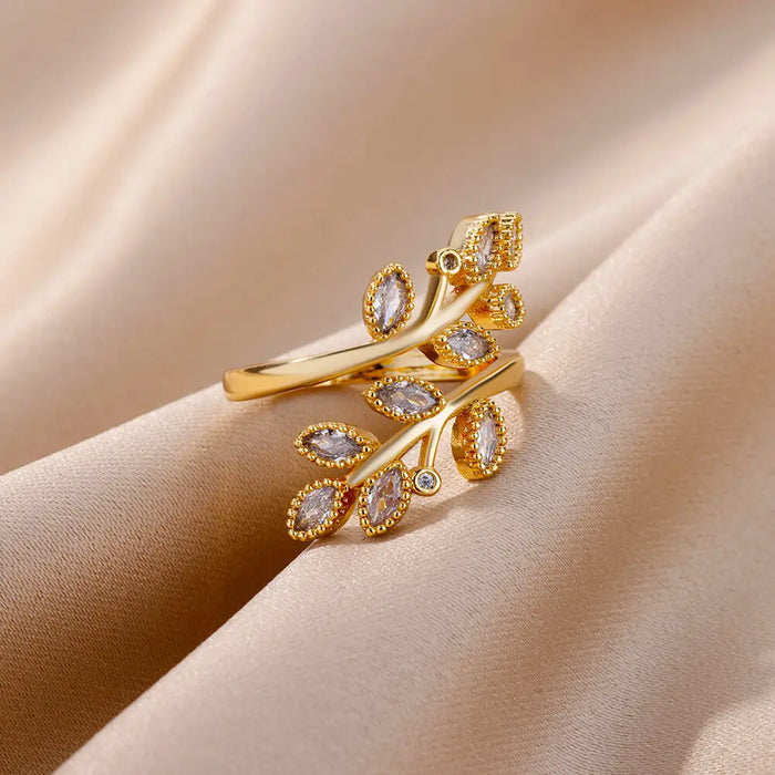 Zircon Double Leaves Rings For Women Stainless Steel Adjustable Ring