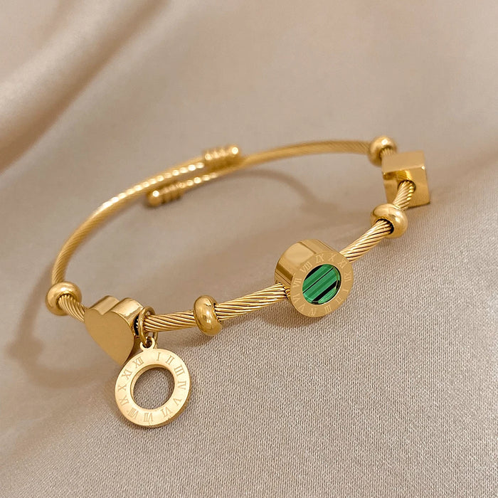 DODOHAO Stainless Steel Luxury Famous Brand Roman Numeral Bangle Bracelet Charm Golden Green Stone Cable Wire Cuff  Bracelets