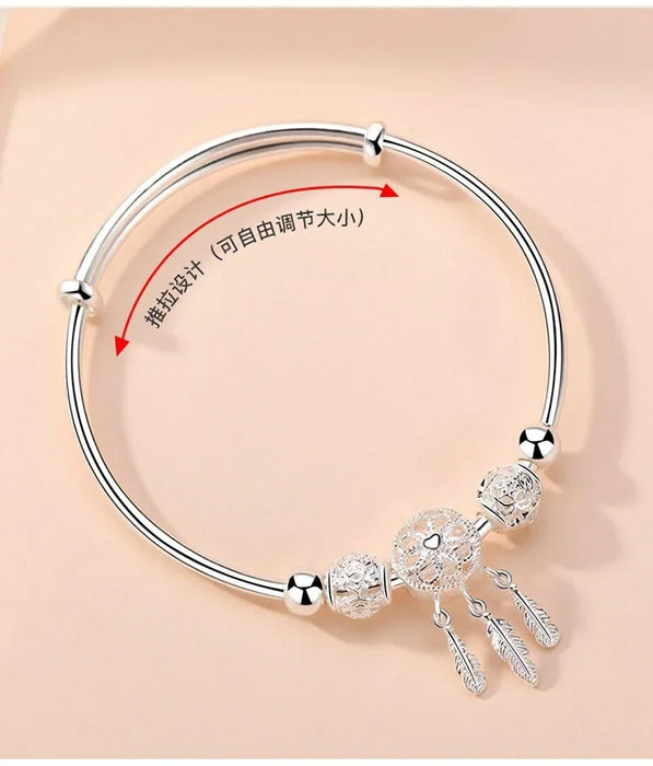 925 Sterling Silver Bracelets for Women Tassel Feather Round Bead Bangle Adjustable Charm Bracelet Luxury Wedding Jewelry Gifts