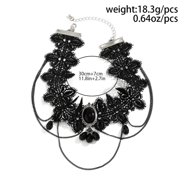 Lacteo Gothic Black Lace Rope Chain Necklace Crystal Beads Geometric Charm Chokers Collar Girls Women Party Y2K Jewelry New