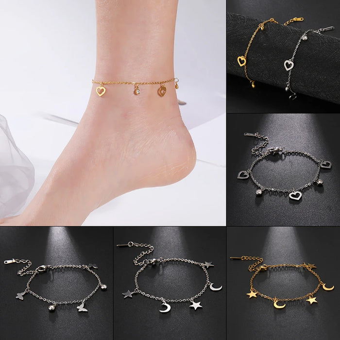 Fashion Stainless Steel Fashion Tiny Heart Charms Anklet Girl Summer Beach Dainty Moon Star Dangles Bohem Cute Ankle