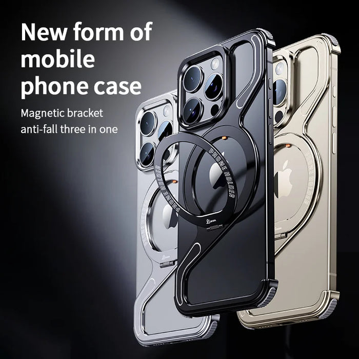 Metal Z Shape Magnetic MagSafe Stand Phone Case For iPhone 16 13 14 15 Pro Max Aluminum Alloy Shell Removable SnapRimless Cover