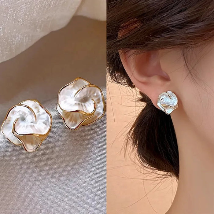 LATS White Enamel Flower Stud Earrings for Women Folded Unique Design Multi-layers Floral Female Small Earrings 2024 New Brincos