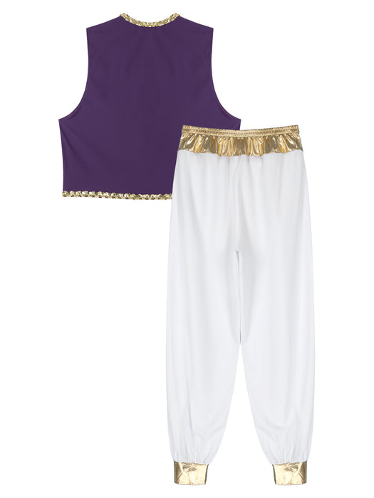 Aladin Costume Men Arabian Prince Cosplay Dress Up Waistcoat Top Harem Pants Suit Halloween Theme Party Carnival Stage Dancewear