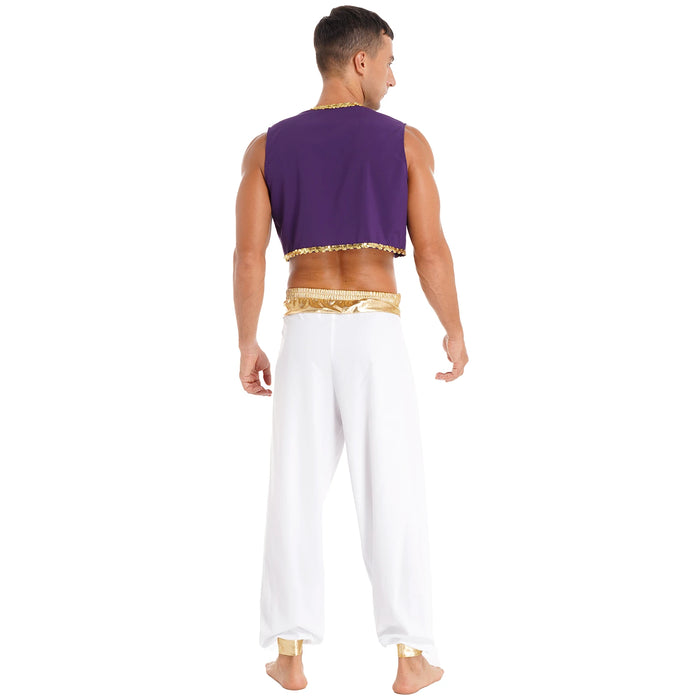 Aladin Costume Men Arabian Prince Cosplay Dress Up Waistcoat Top Harem Pants Suit Halloween Theme Party Carnival Stage Dancewear