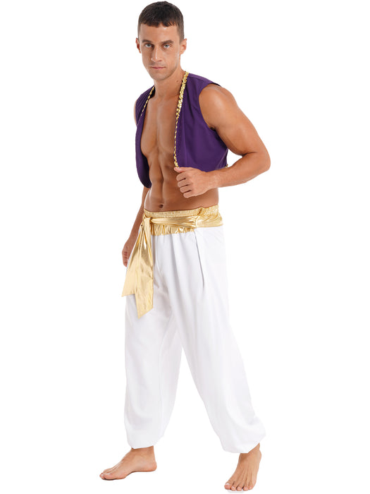 Aladin Costume Men Arabian Prince Cosplay Dress Up Waistcoat Top Harem Pants Suit Halloween Theme Party Carnival Stage Dancewear