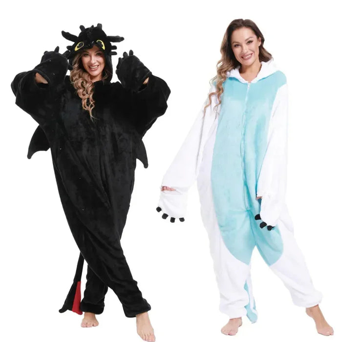 Toothless / White Dragon pajamas (how to train your dragon) For Adult Women & Men Flannel Cartoon Conjoined Animal Pajamas Tamed Dragon White Dragon Thickened Home Clothes Stitch Pajama Adult Costume Cosplay Dragon Cosplay Co