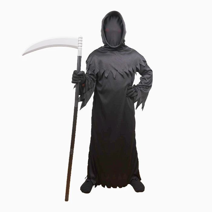 Children Halloween Cosplay Grim Reaper Death Scythe Black Costume with Hood Glowing Red Eyes Halloween Party Dress Up Props