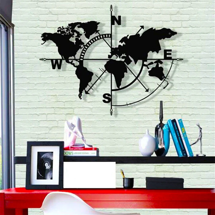 Black Metal World Map Wall Art Compass Decor Hanging Home Office School Classroom Living Room Bedroom Decoration Accessories