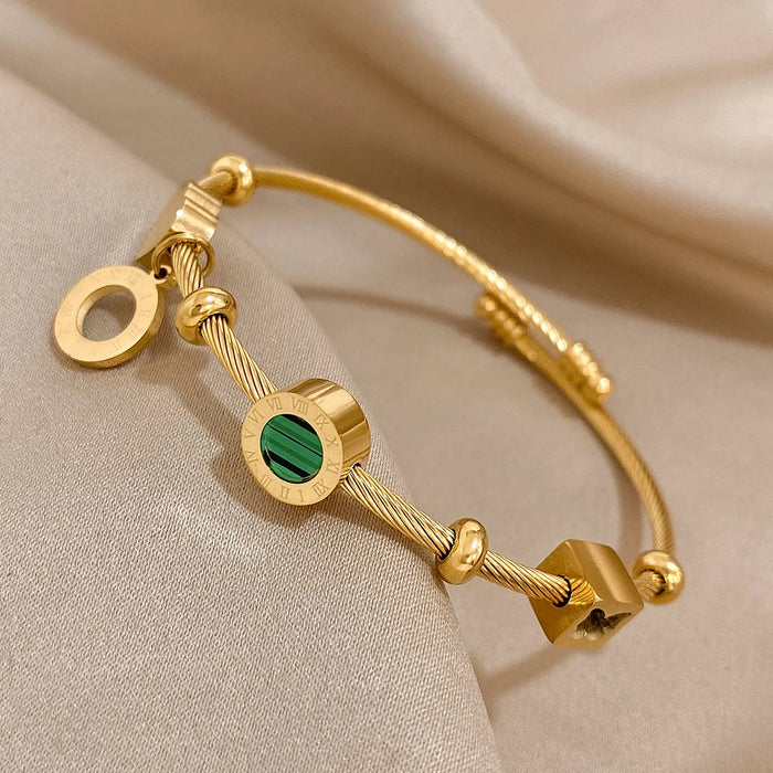 DODOHAO Stainless Steel Luxury Famous Brand Roman Numeral Bangle Bracelet Charm Golden Green Stone Cable Wire Cuff  Bracelets