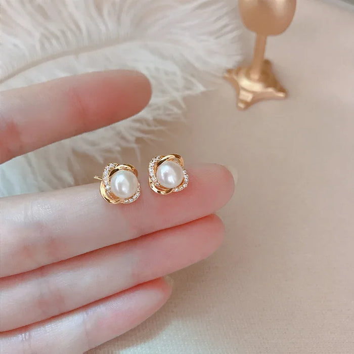 Upscale Jewelry Real Gold  Earrings Zircon Pearl Twist Luxury Stud Earrings for Women