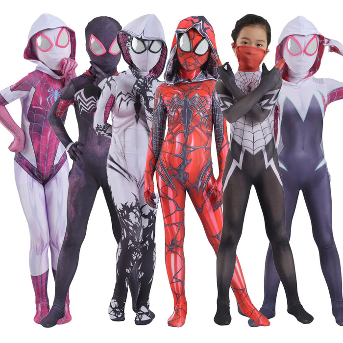 Spidergirl / Spiderman Gwen Stacy Spandex Jumpsuits for Boy or Girl Zentai Costume For Halloween Cosplay Female Spider Suit For Kids Costumes