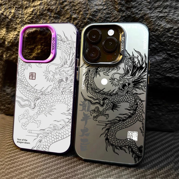 Luxury Dragon Totem Anti-drop Armour Case For iPhone 16 15 Pro Max 15 14 13 Pro Lens protect plating Cover