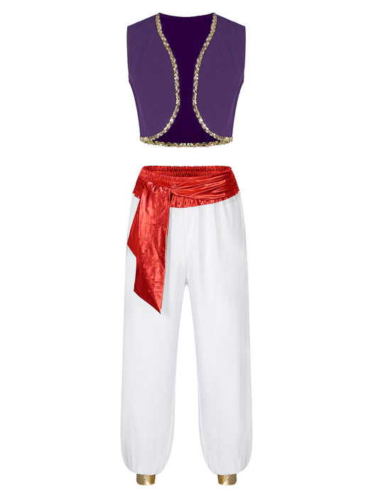 Aladin Costume Men Arabian Prince Cosplay Dress Up Waistcoat Top Harem Pants Suit Halloween Theme Party Carnival Stage Dancewear