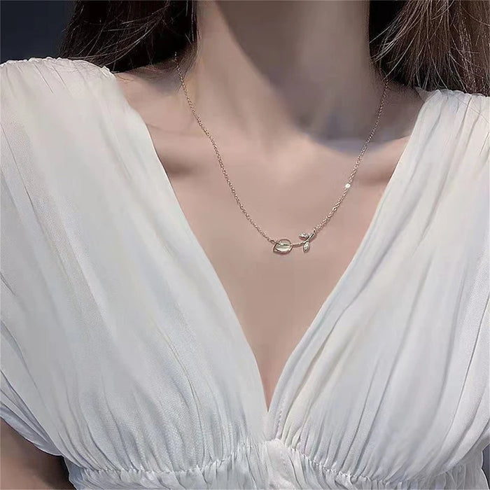 Elegant Crystal Tulip Gemstone Pendant Necklace For Women Korean Style Trendy Light Luxury Choker Chain Jewelry Accessories