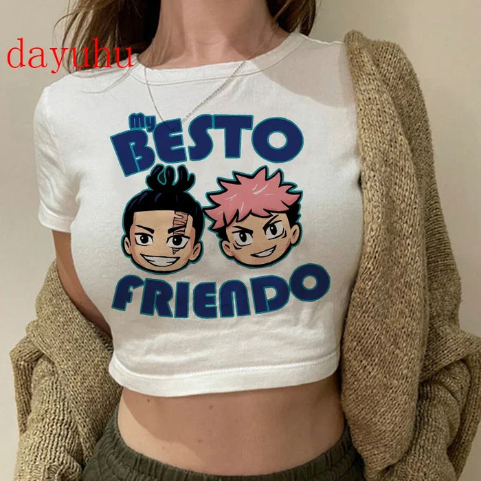 90S Hip Hop Crop Top  Tshirt Manga Japanese Anime Jujutsu Kaisen T Shirt Gojo Satoru Tops Yuji Itadori Cropped Tees T-shirt