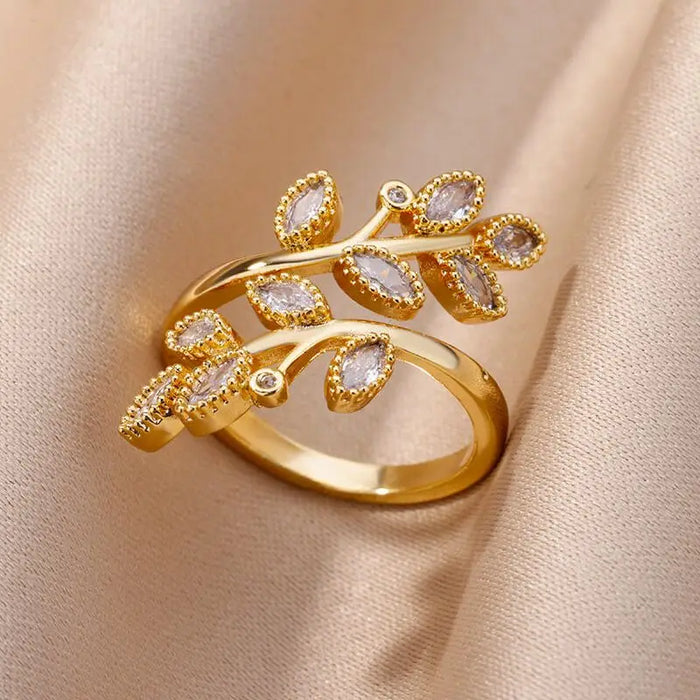 Zircon Double Leaves Rings For Women Stainless Steel Adjustable Ring