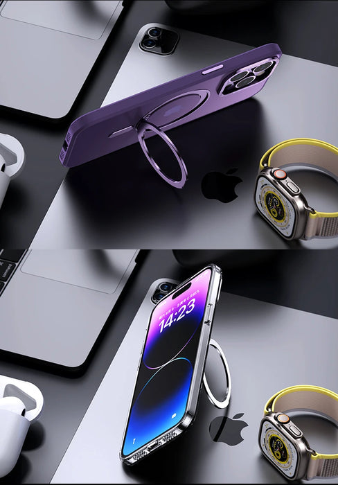 Luxury Magnetic Stand Phone Case For iphone 15 14 13 12 11 16 Pro Max 16Plus 360° Rotation Ring Holder Transparent Matte Cover