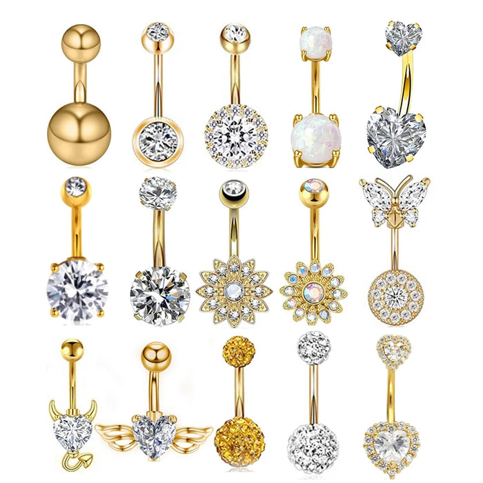 1Pc Gold Color Stainless Steel Belly Ring Flower Heart Shaped CZ Crystal Navel Belly Button Rings Butterfly Navel Piercings 14G