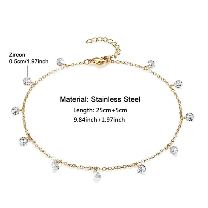 MinaMaMa Multilyaer Stainless Steel Tassel Zircon Crystal Anklet For Women Yoga Beach Leg Bracelet Anklets Foot Chain Jewelry