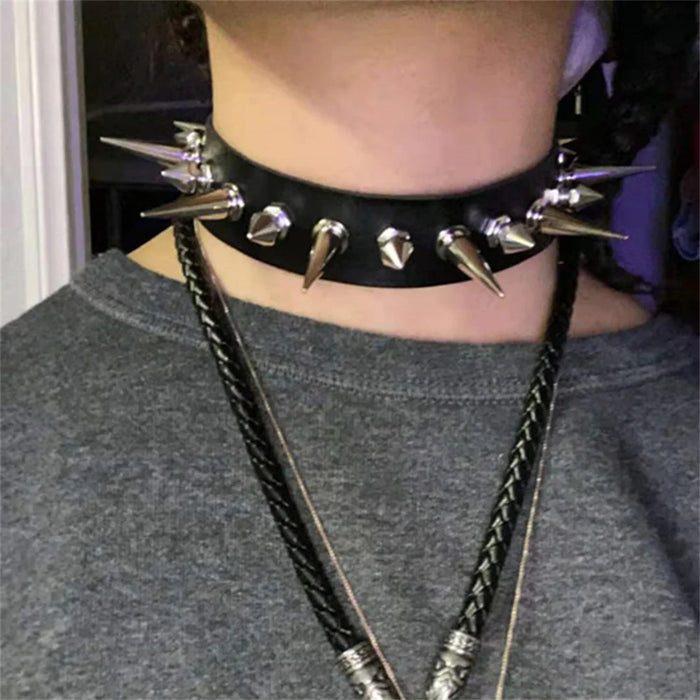 Punk Long Spike Choker Faux Leather Collar for Women Men Cool Big Rivets Studded Choker Goth Style Necklace Accessories