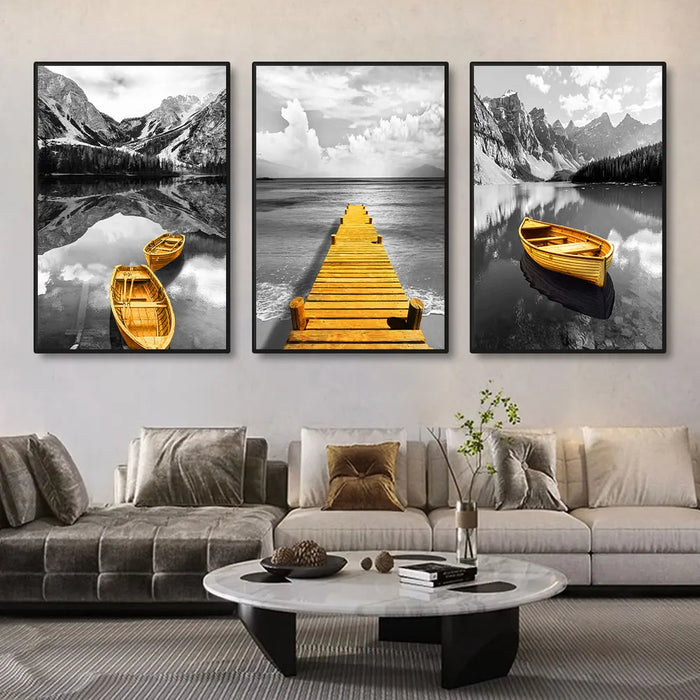 3pcs Yellow Boat On The Lake Landscape Canvas Prints Gold Wooden Bridge Mountain Abstract Wall Art Paintings For Home Decor