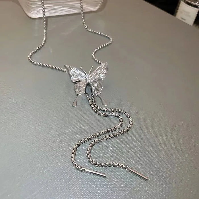 Unique Elegant Drawable Silver Butterfly Tassel Necklace Women's Fashion Collar Chain Girl Love Gift