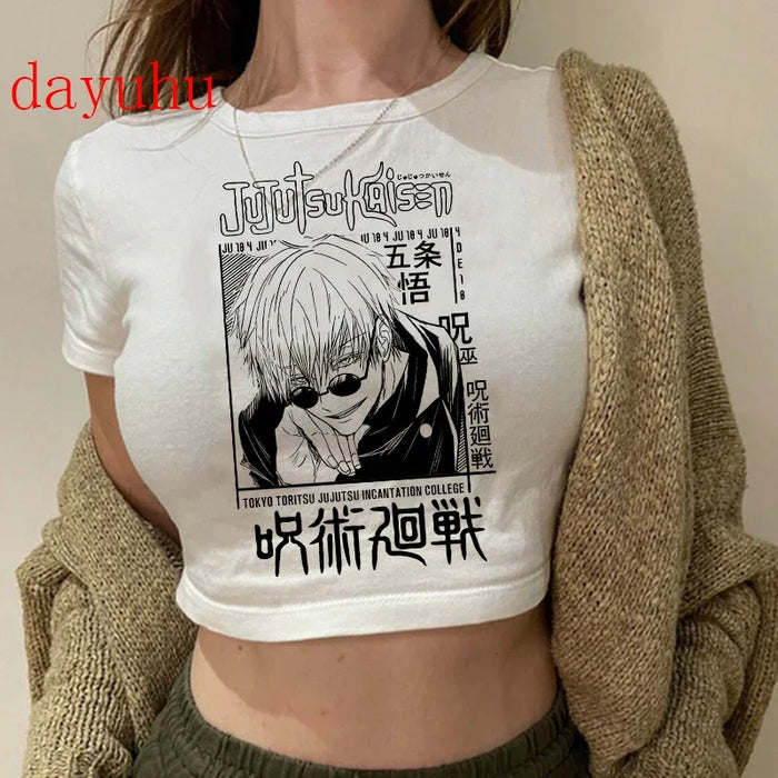 90S Hip Hop Crop Top  Tshirt Manga Japanese Anime Jujutsu Kaisen T Shirt Gojo Satoru Tops Yuji Itadori Cropped Tees T-shirt