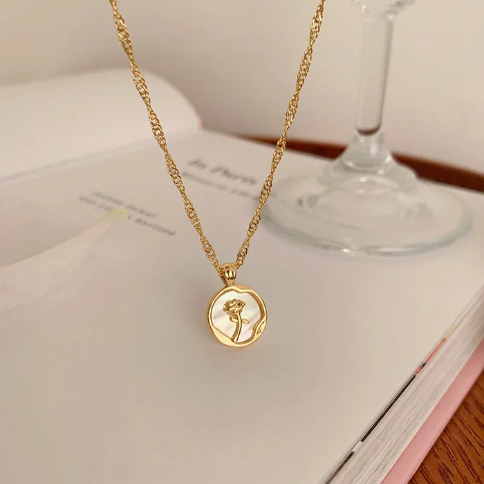 New fashion irregular Round shell metal Rose Pendant stainless steel necklace for women's sexy choker party luxury jewelry