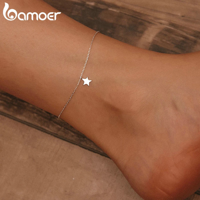 bamoer Simple Design Star Silver Anklet for Women Sterling Silver 925 Bracelet for Ankle and Leg Fashion Foot Jewelry