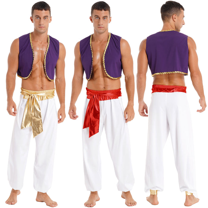 Aladin Costume Men Arabian Prince Cosplay Dress Up Waistcoat Top Harem Pants Suit Halloween Theme Party Carnival Stage Dancewear