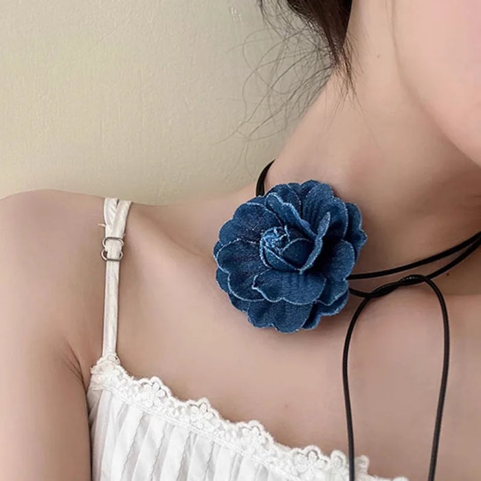 Trend Choker Flower Rose Pendant Collarbone Chain Women Jeans Cloth Necklace Temperament Adjustable Wax Rope Y2K Denim Necklace