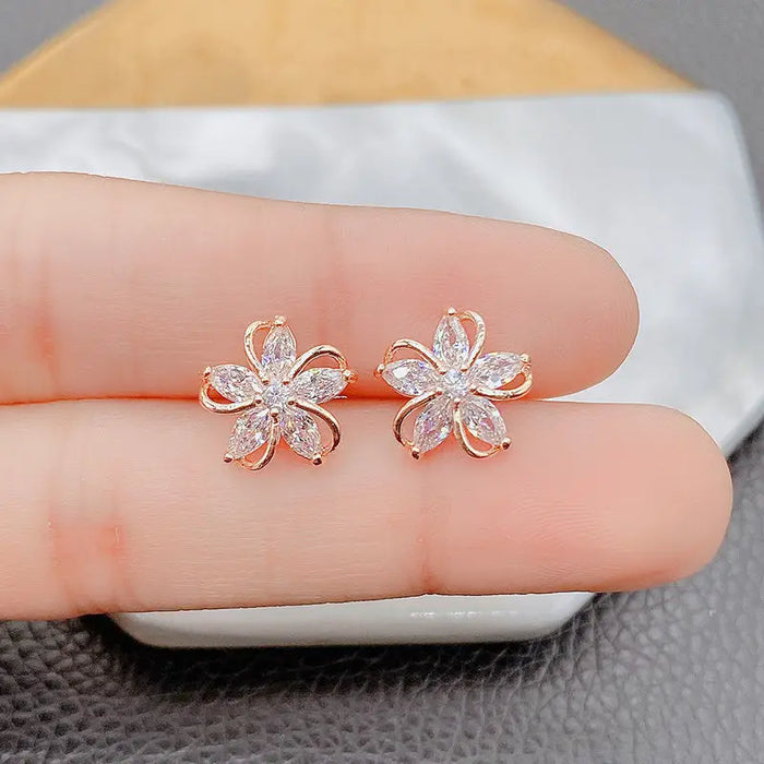 Delicate Gold Color Flower Stud Earrings with Tiny Zircon Paved Shiny Petal Earring for Women Cute Girls Lady Dangler Jewelry