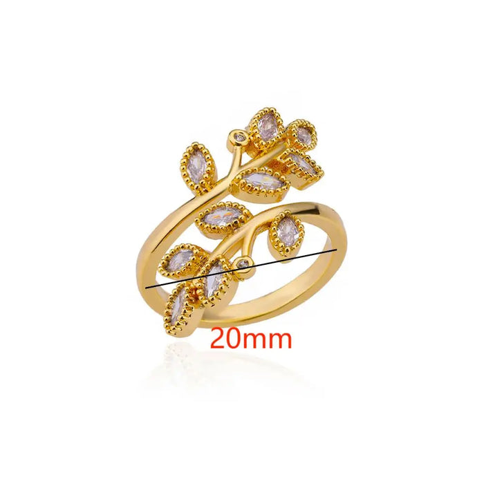 Zircon Double Leaves Rings For Women Stainless Steel Adjustable Ring