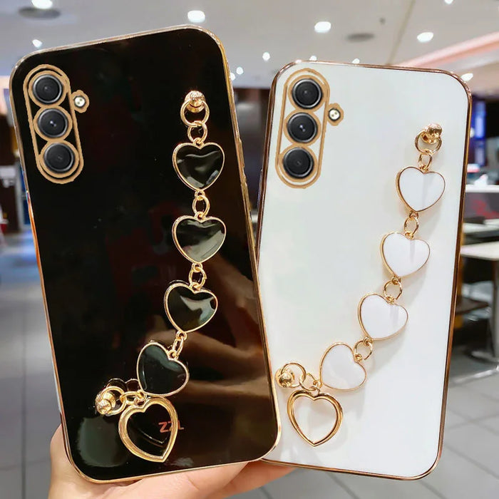 For Samsung Galaxy A15 4G A25 A35 A55 5G A05S Luxury Plating Love Heart Bracelet Chain Case On A 15 25 35 55 05 Soft Back Cover