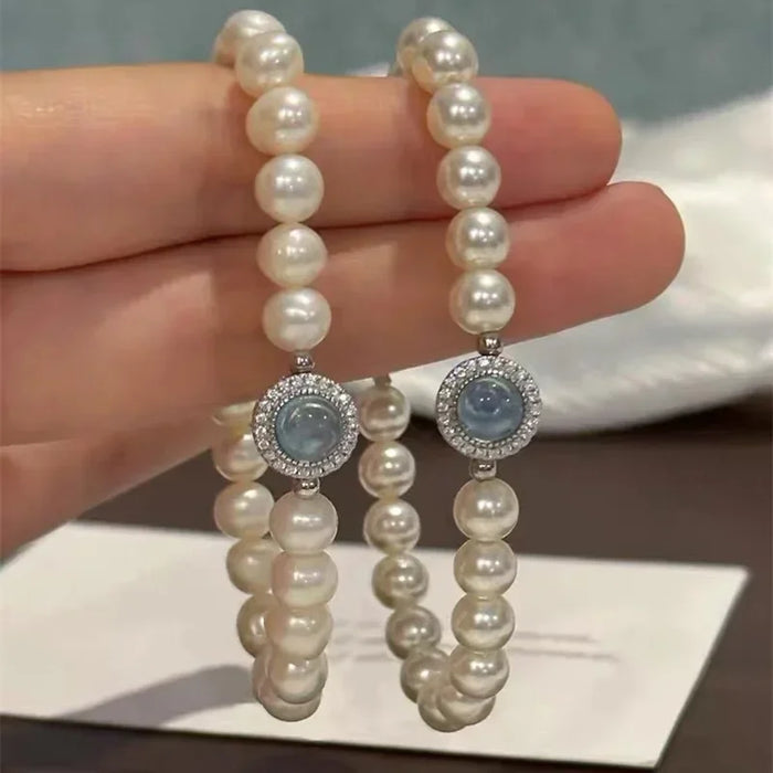 925 Sterling Silver Pearl Bracelet For Women French Luxury Designer Blue Crystal Charm Bracelets Fashion Party Wedding Jewelry