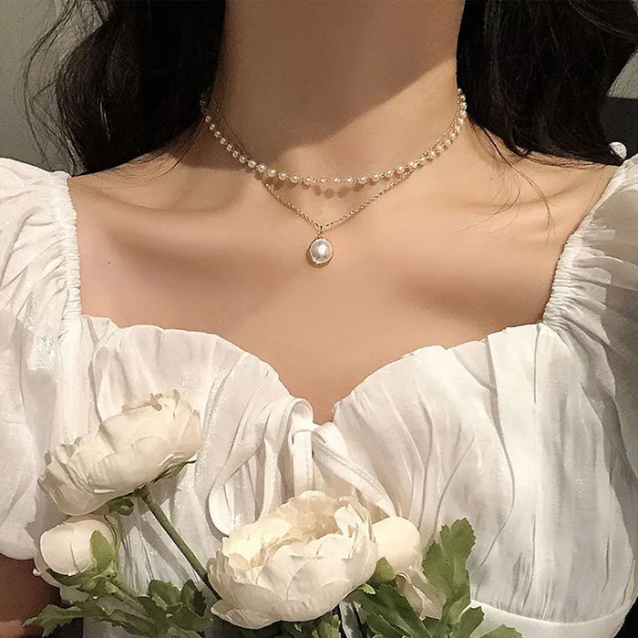 New Women's Pearl Necklace Kpop Gold Color Beads Pendant Necklaces Goth Double Layer Chain Choker for Women Fashion Jewelry