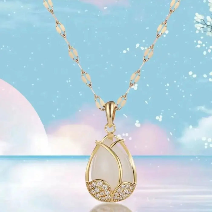 Fashion Jewelry Elegant Tulip Pink Crystal Pendant Necklace for Women Opal Golden Necklace Luxury Classic Amethyst Necklace