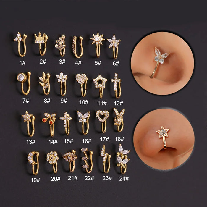 Fake Piercing Clip Nose Ring Cuff Body Jewelry for Women New Trend 1PCS Ear Cuffs Heart Star Flowers Butterfly Clip Rings