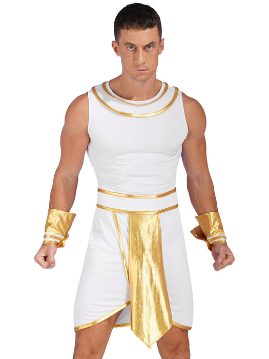 Ancient Mens Egypt Priest Role Play Costume Egyptian Pharaoh Cosplay Dresses Sleeveless Dress with Cuffs Halloween Dress Up