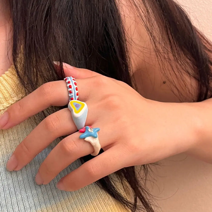 Colorful Enamel Heart Sweet Ring Trendy Geometric Dripping Oil for Women Girls Funny Y2K Chunky Jewelry Summer