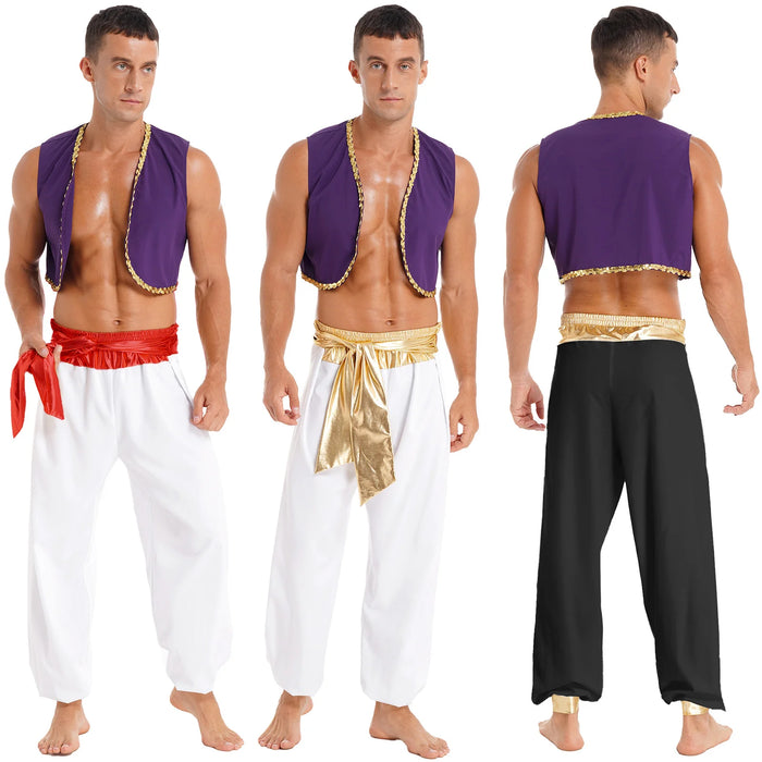 Aladin Costume Men Arabian Prince Cosplay Dress Up Waistcoat Top Harem Pants Suit Halloween Theme Party Carnival Stage Dancewear