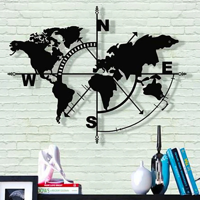 Black Metal World Map Wall Art Compass Decor Hanging Home Office School Classroom Living Room Bedroom Decoration Accessories