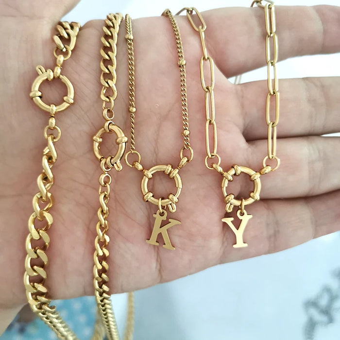 QMHJE Sailor Clasp Necklace Women Choker Stainless Steel Geometric Rolo Link Cuba Paperclip Chain Basic DIY PVD Gold Color