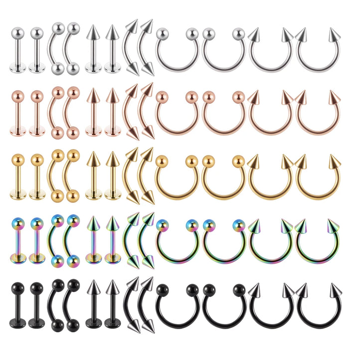 Surgical Steel Silver Color Gold Plated Black Rainbow Ear Nose Eyebrow Labret Basic Piercing Jewelry Set