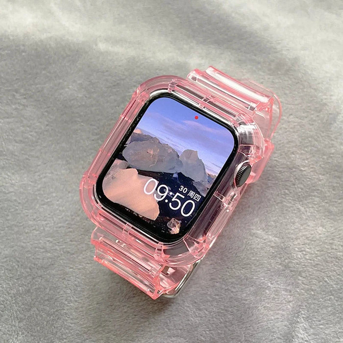 Cute Pink Transparent Case+Strap For Apple Watch Band 49mm 41mm 40mm 44mm 42mm 38 Silicone Bracelet For iWatch 8 7 SE 6 5 Cases